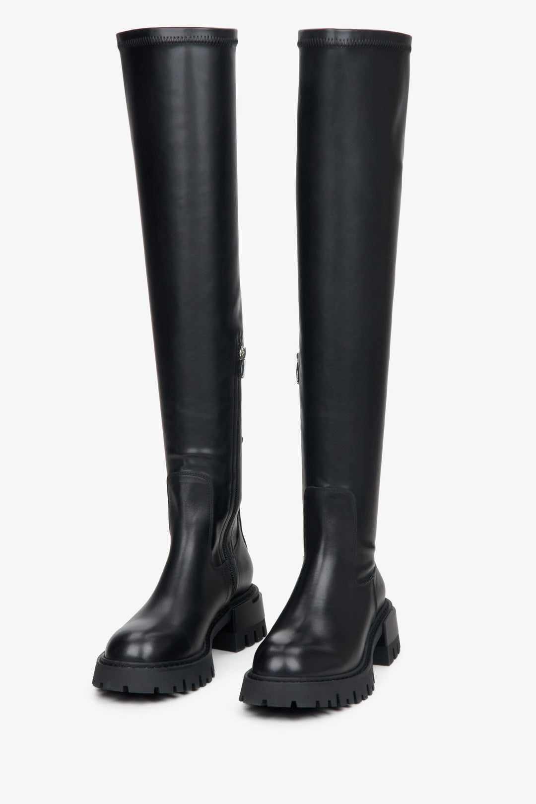 Black leather high-knee women's boots by Estro.