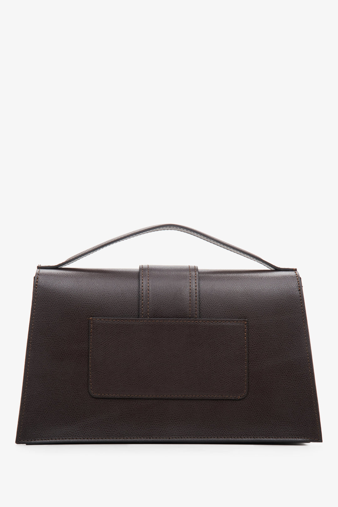 Women's dark brown leather handbag with a flap by Estro - back view.