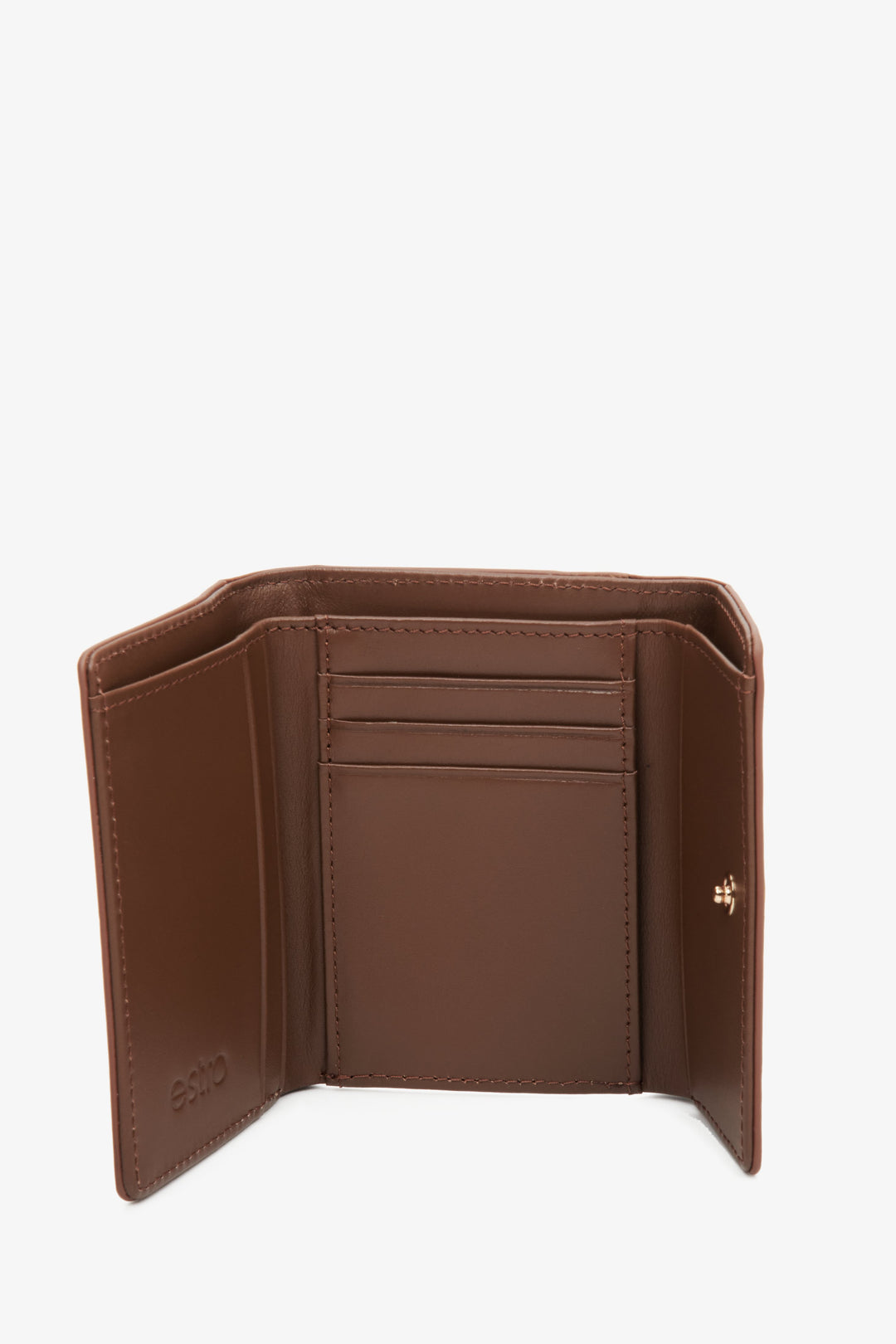 Women's tri-fold wallet made of genuine leather in brown color - interior view of the model.