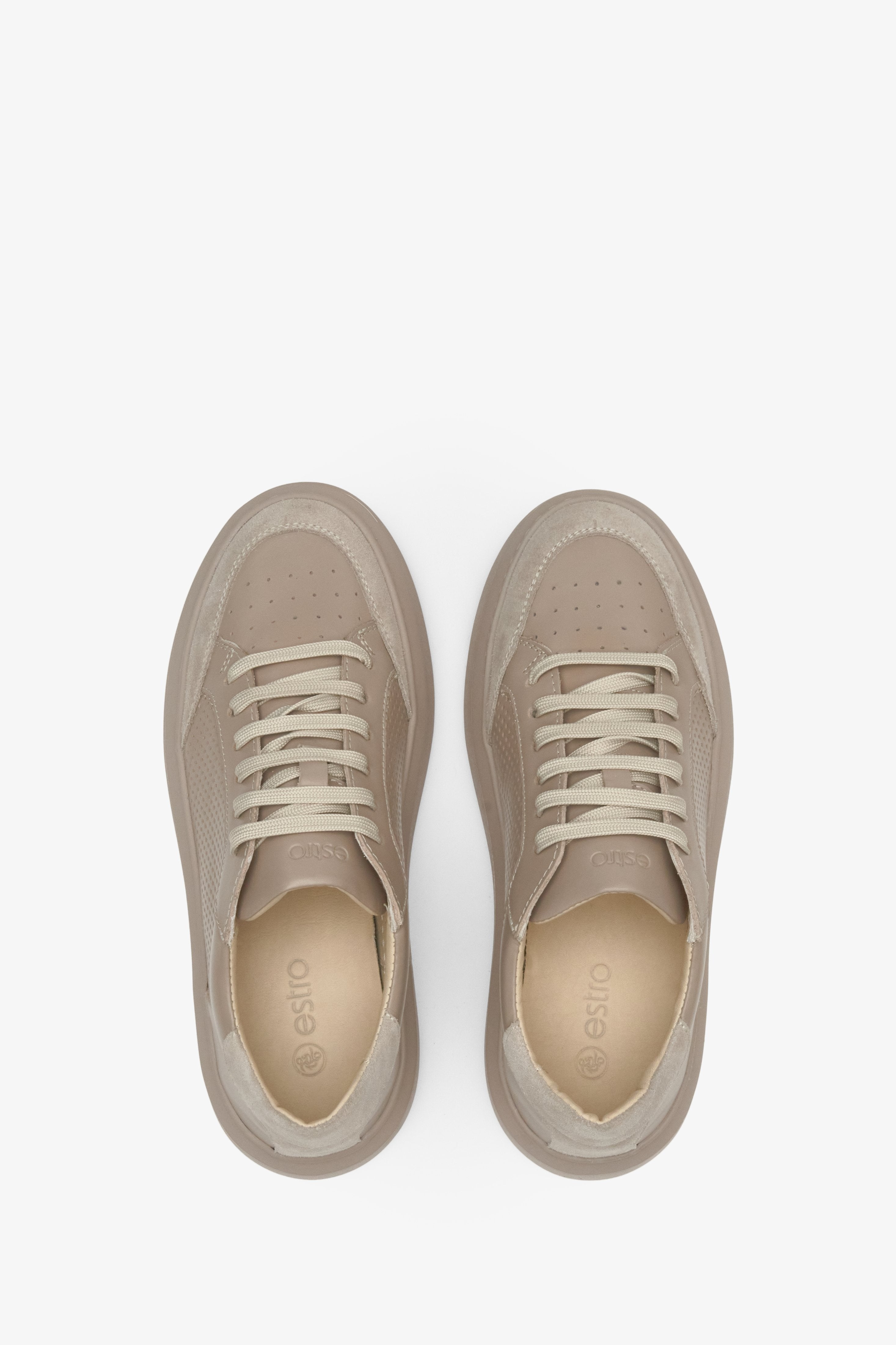 Perforated women's sneakers in beige by Estro for fall - top view presentation of the footwear.