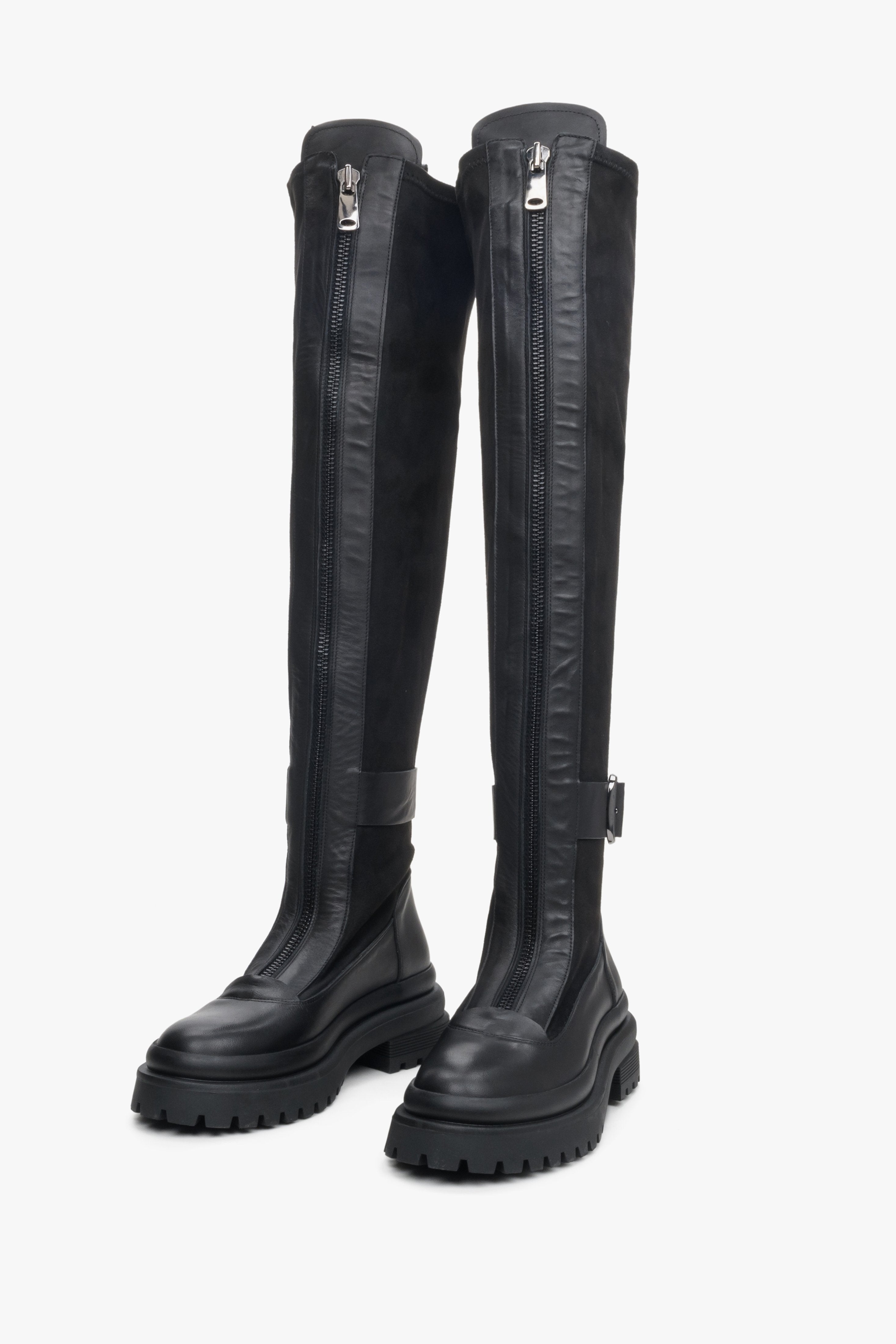 Black leather and velour knee-high boots Estro.