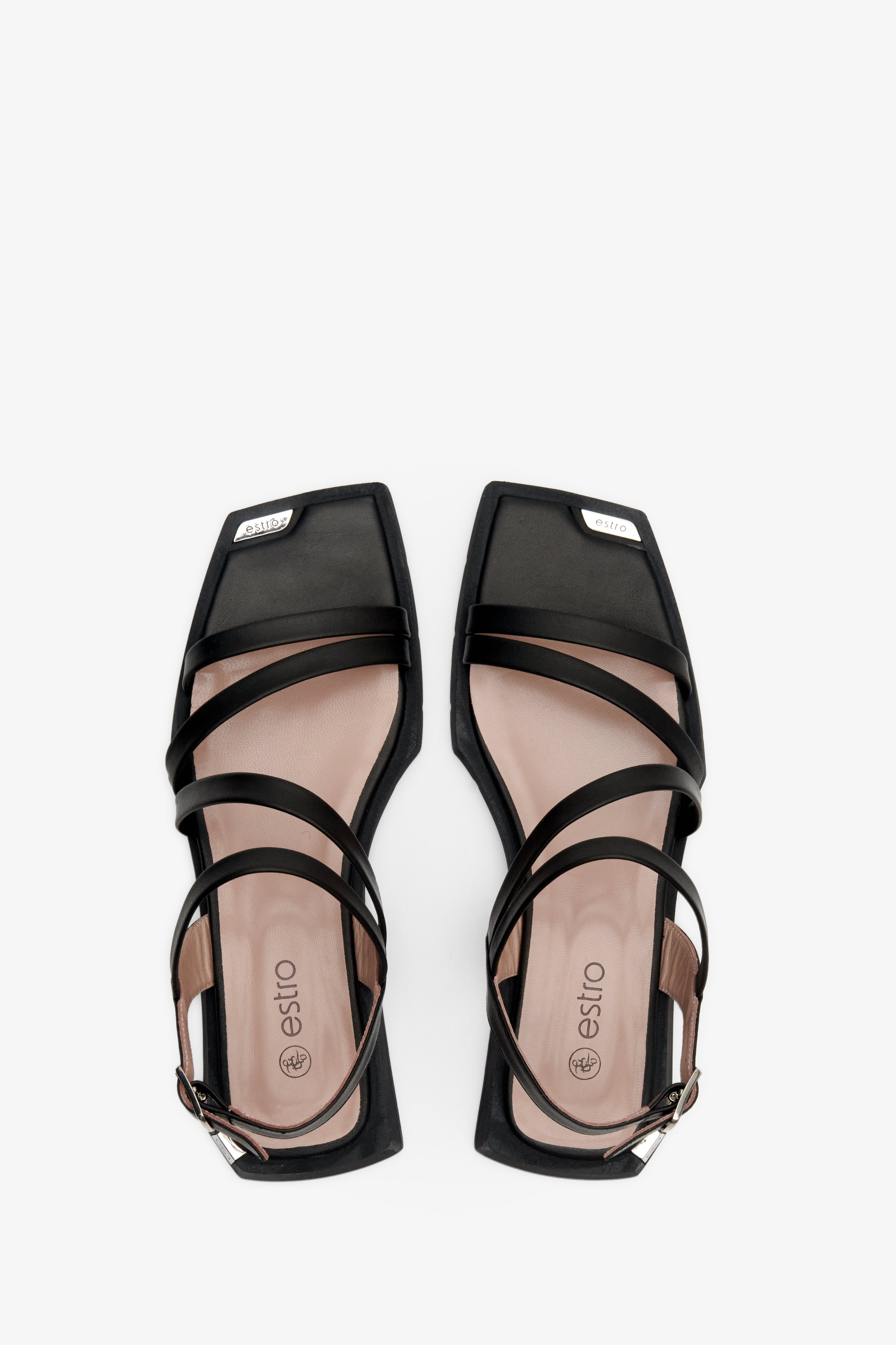 Leather, women's black summer sandals by Estro - presentation of the footwear from the top.