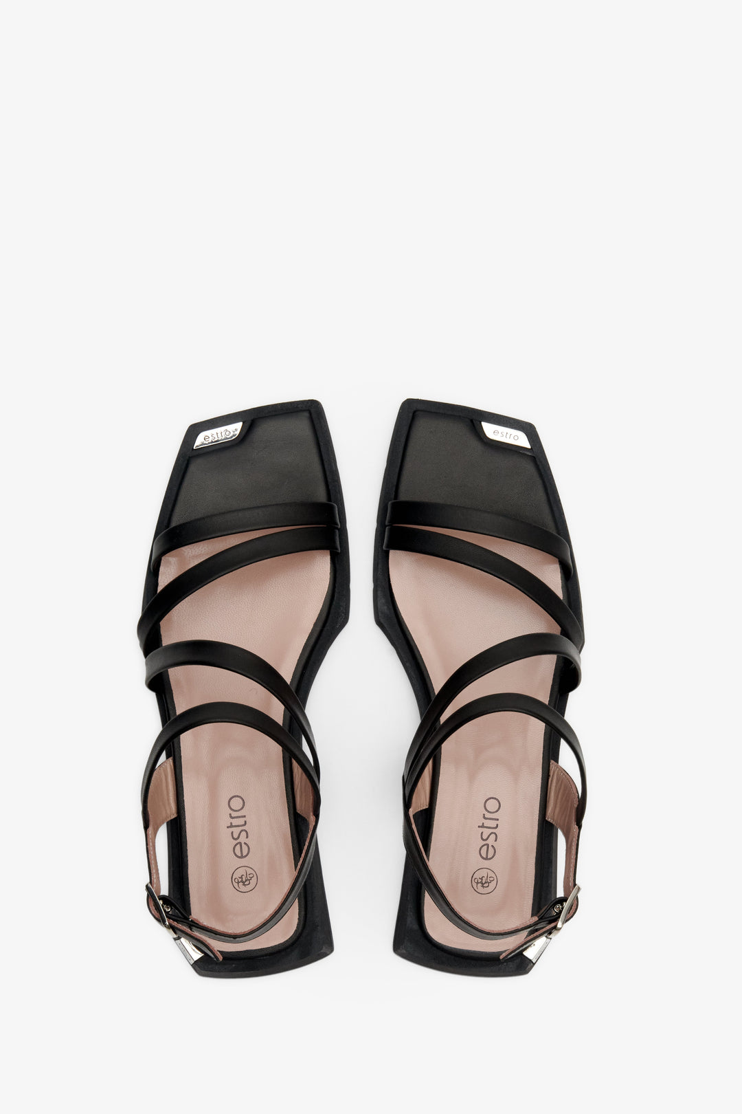 Leather, women's black summer sandals by Estro - presentation of the footwear from the top.