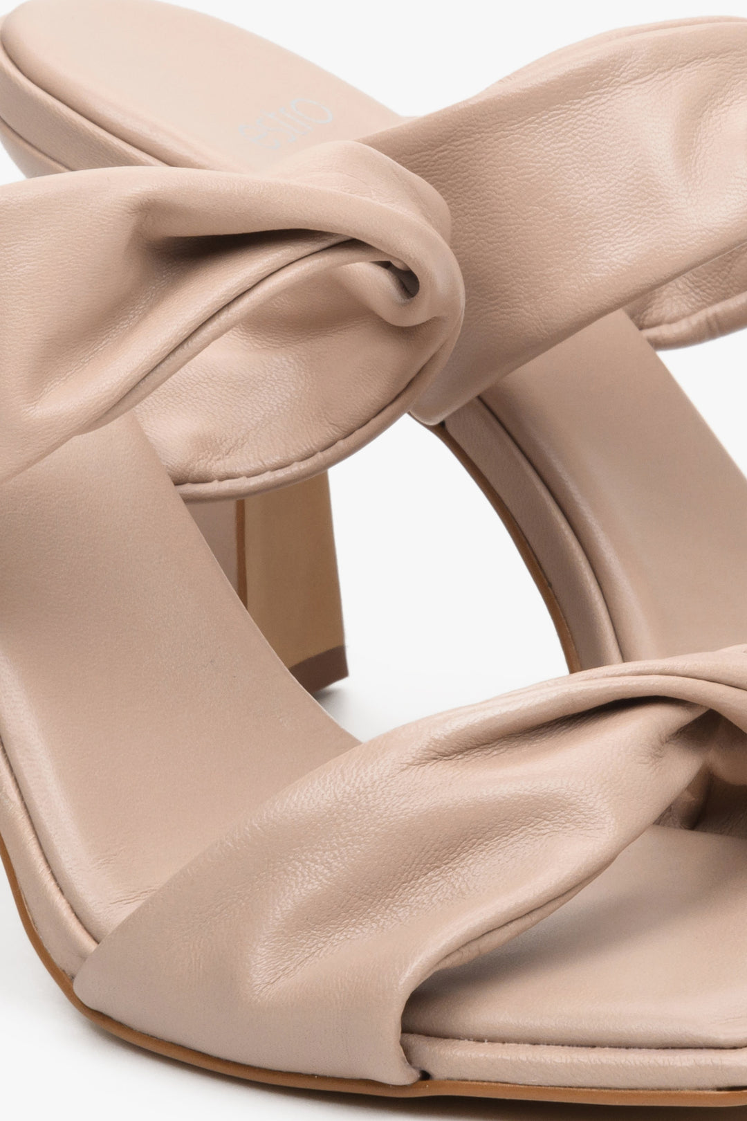 Women's beige leather heeled sandals by Estro - close-up on details.