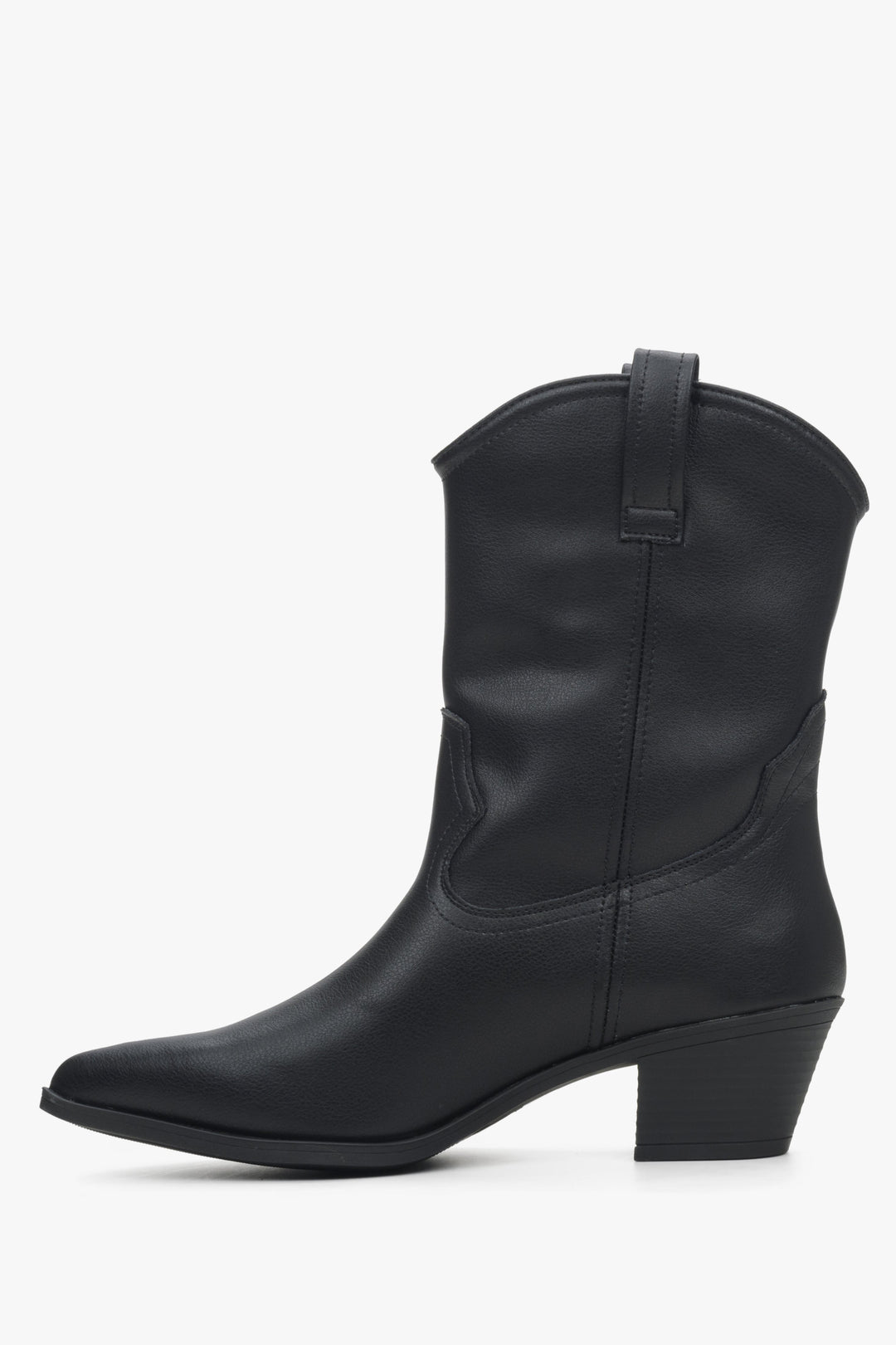 Women's black low-cut cowboy boots made of genuine leather by Estro - shoe profile.