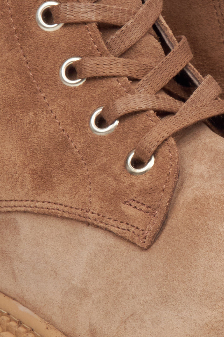 Brown velour women's ankle boots - close-up on details.