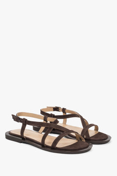 Stylish brown women's sandals by Estro, made of genuine velour, featuring a distinctive crisscross strap.