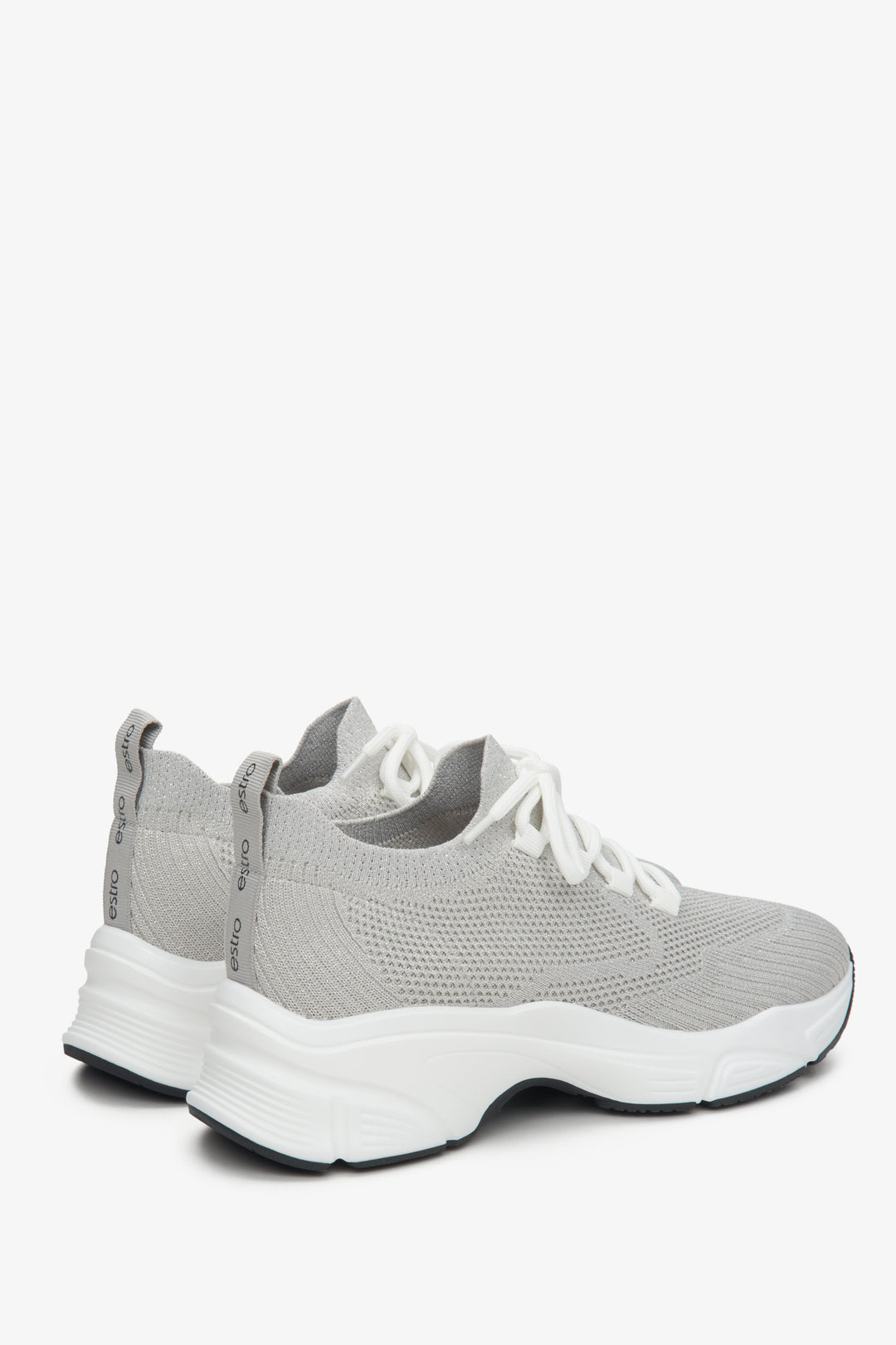 Mesh women's sneakers in grey by Estro - a close-up on heel counter and sideline.