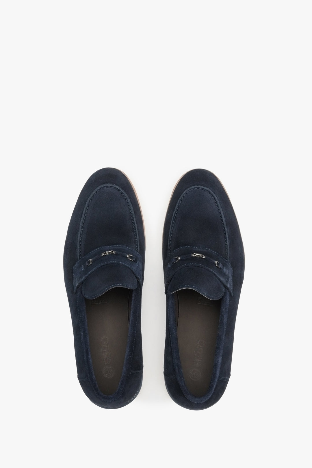 Navy blue velour men's loafers by Estro - top view model presentation.