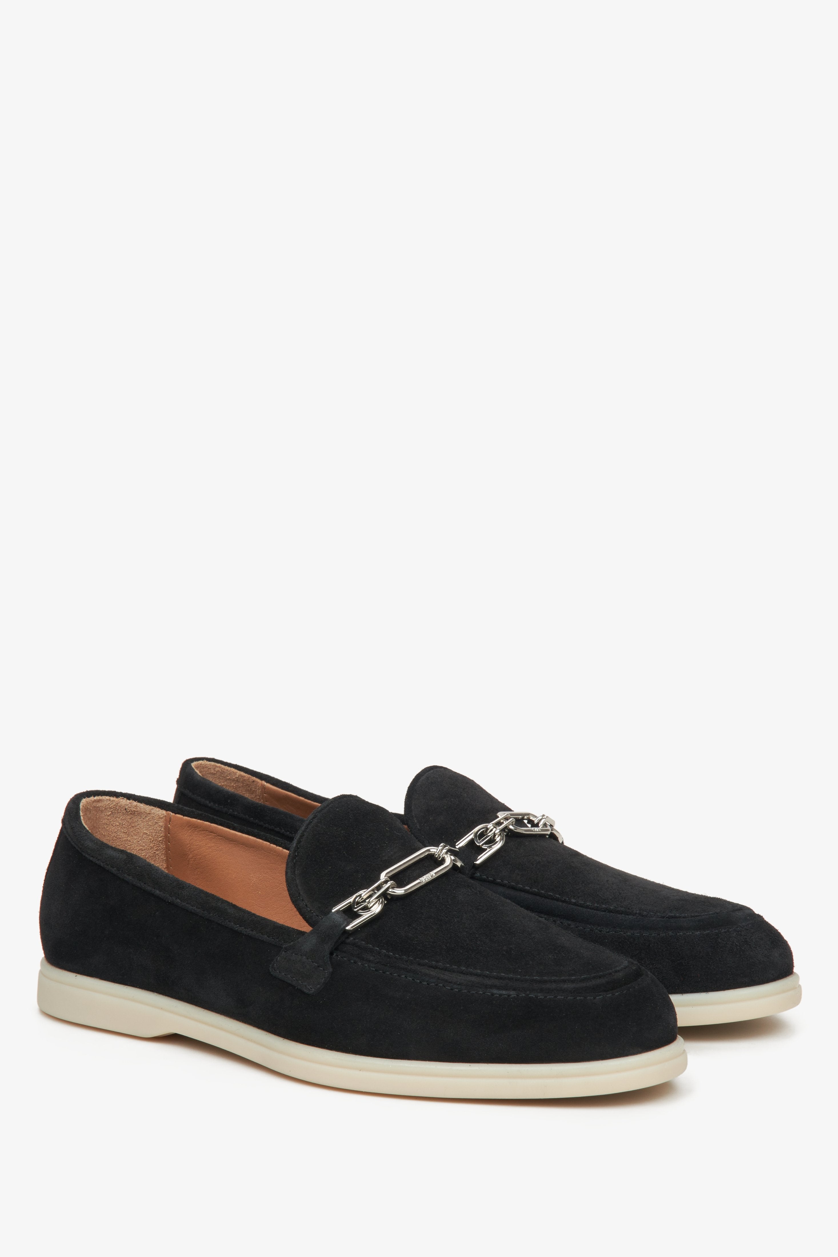 Estro women's black velour loafers with a chain.