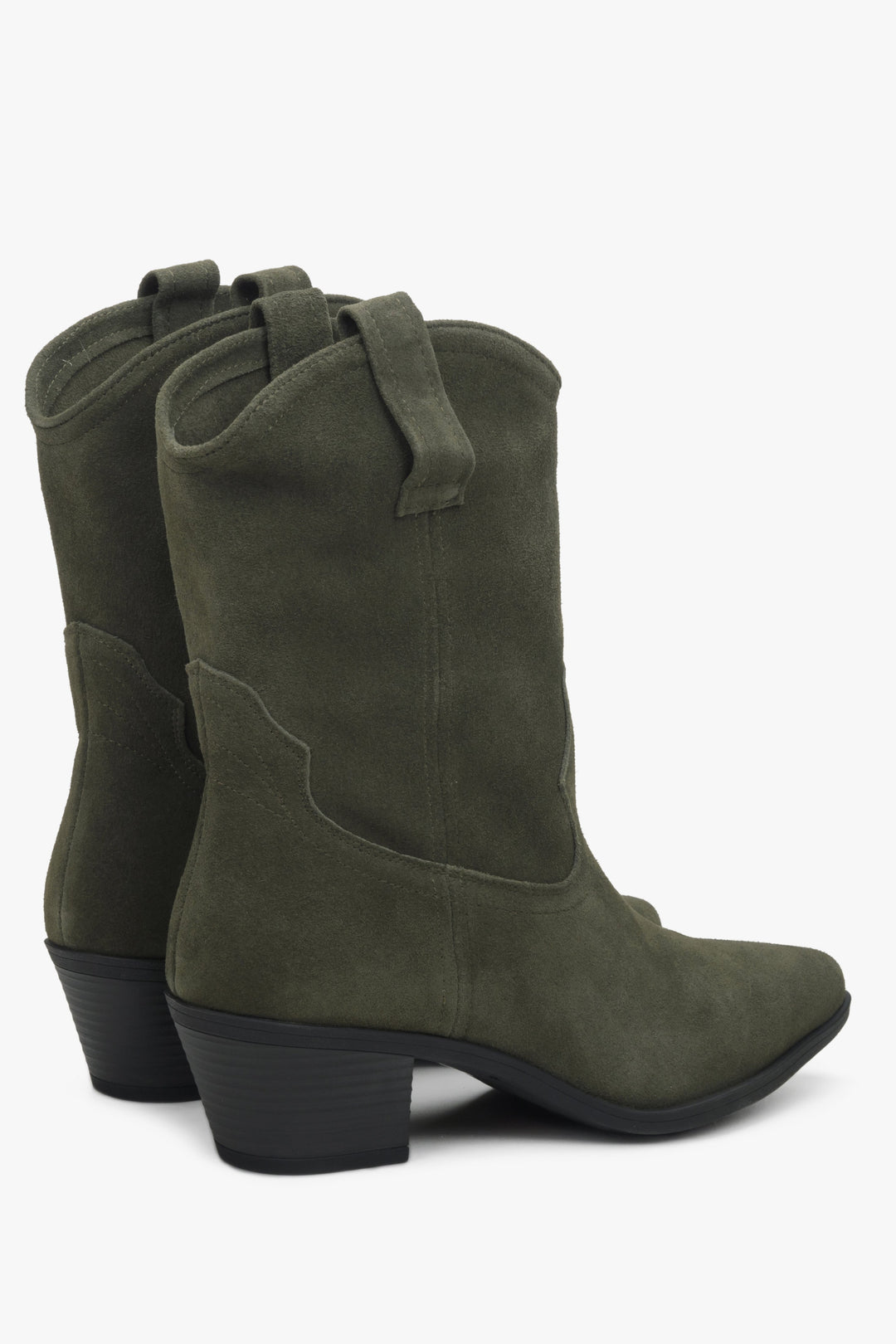 Women's dsrk green Cowboy boots - presentation of a shoe toe and sideline.