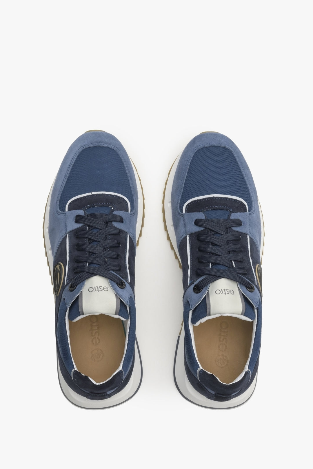 Men's black and blue sneakers made of velour - top view presentation of the footwear.