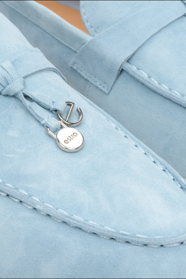 Light blue comfy and elegant women's velour loafers - close-up on details.