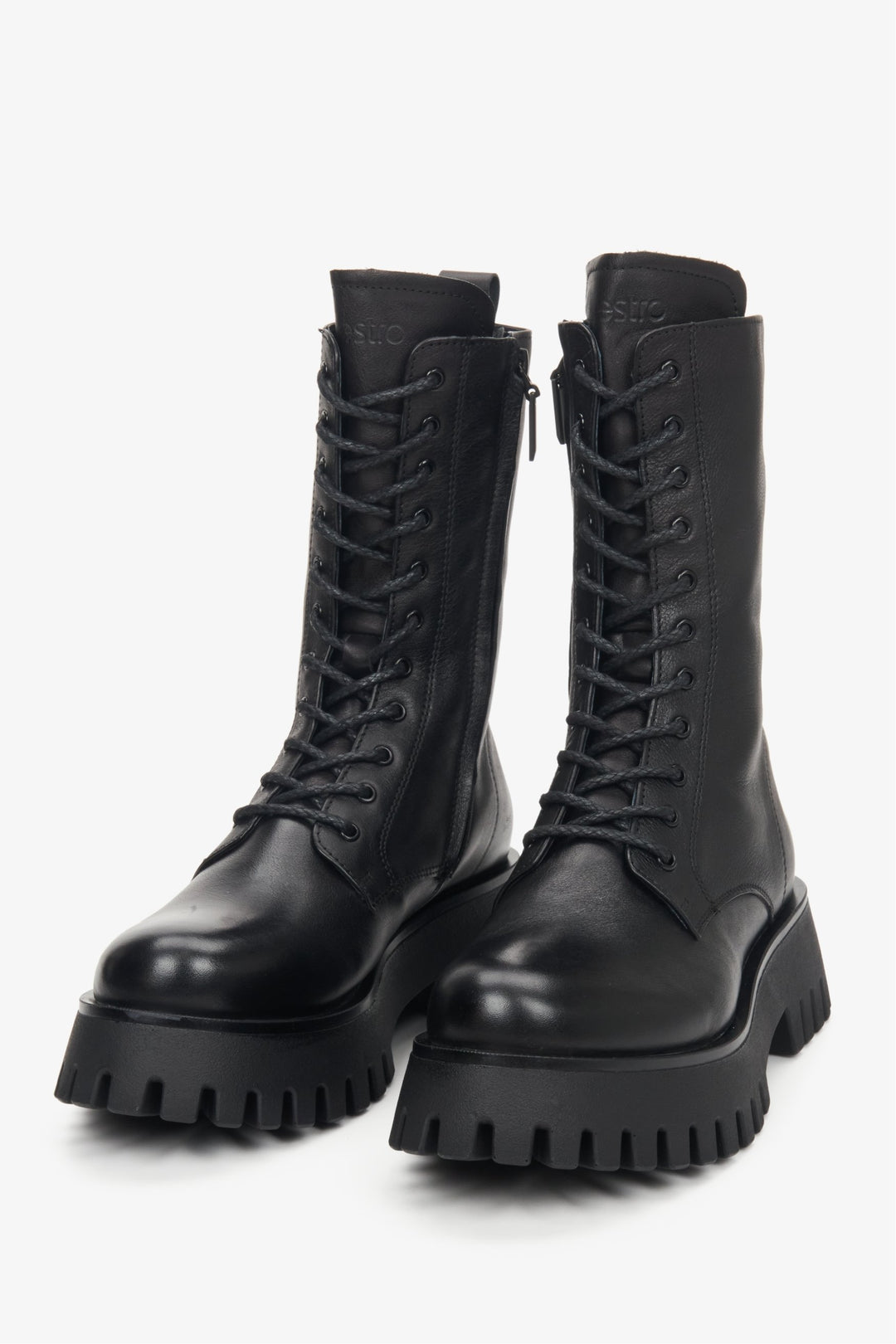 High lace-up women's black boots made of genuine leather by Estro.