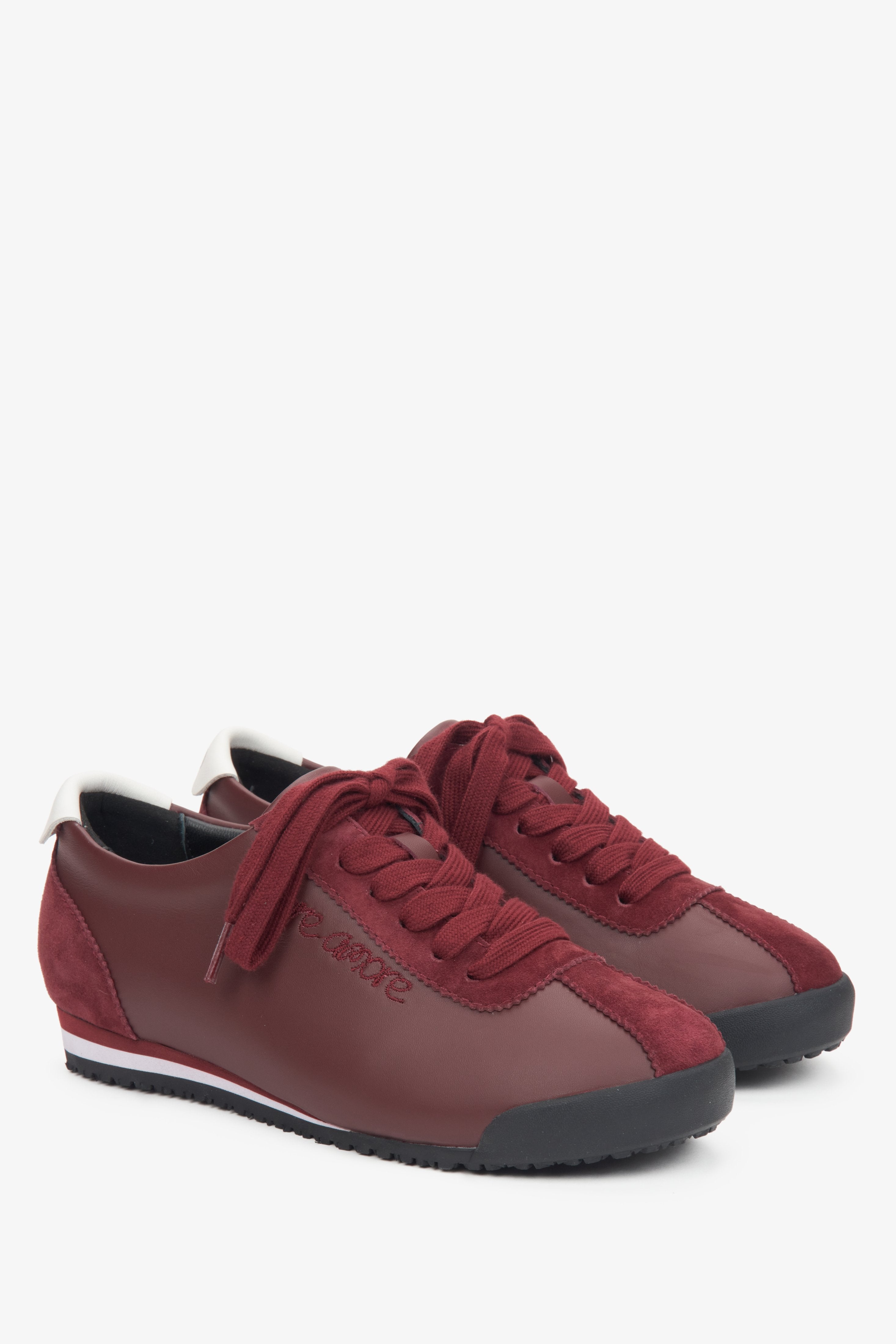 Burgundy women's sneakers made of genuine leather and velour Estro.