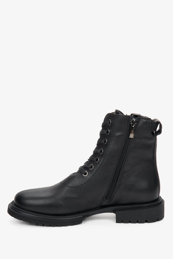 Women's high black genuine leather winter boots by Estro - side view of the boot.