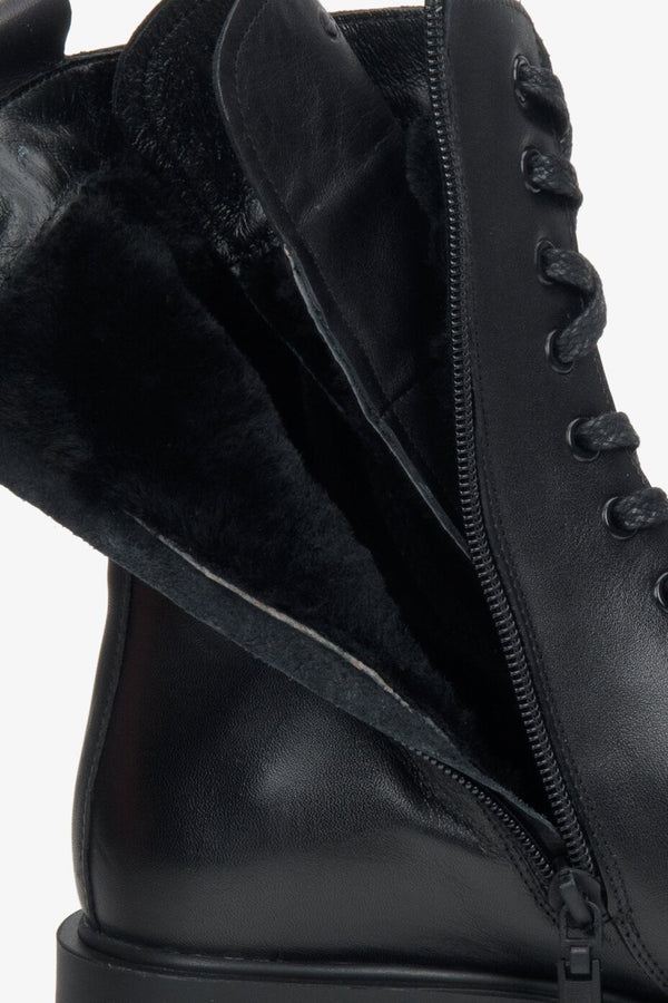 Women's tall black leather boots - view of the boot's lining.