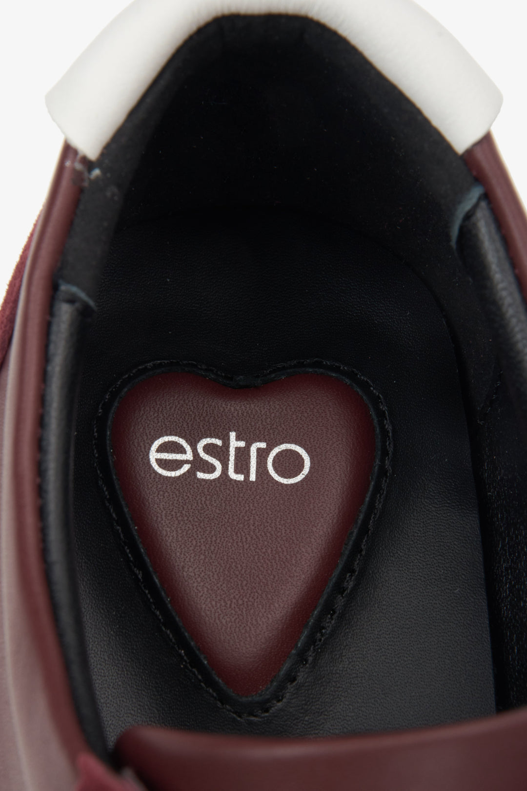 Estro burgundy women's sneakers made of a combination of genuine leather and velour - details.