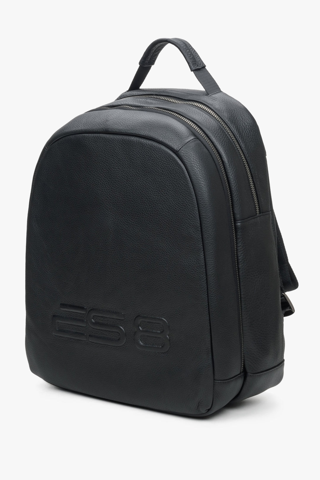A men's black leather backpack by ES8 - front.
