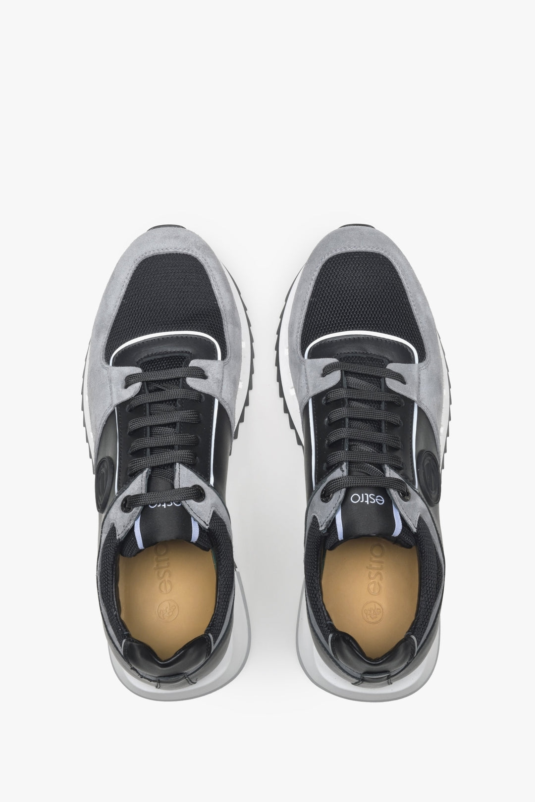 Men's black and grey sneakers made of velour - top view presentation of the footwear.