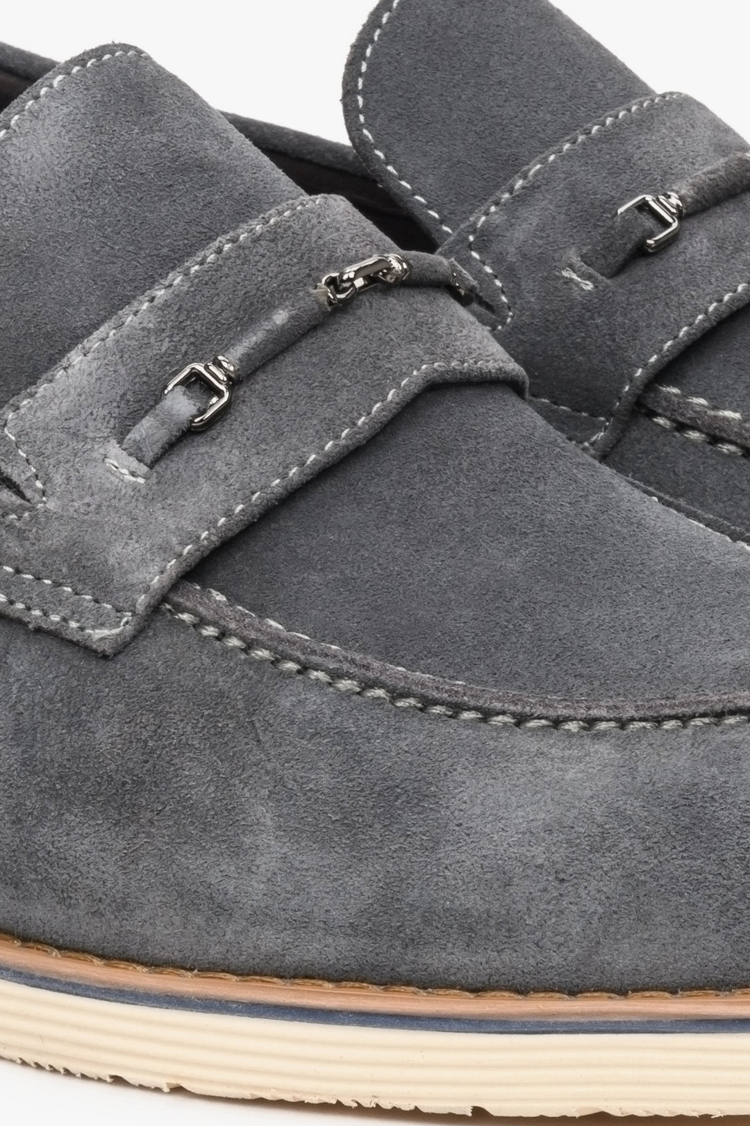 Men's grey velour loafers - close-up on the details.