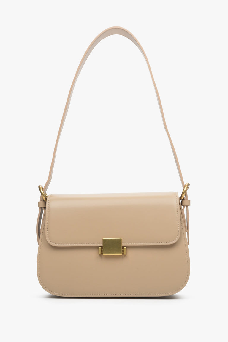 Women's Beige Leather Shoulder Bag with Gold Hardware Estro ER00113779.