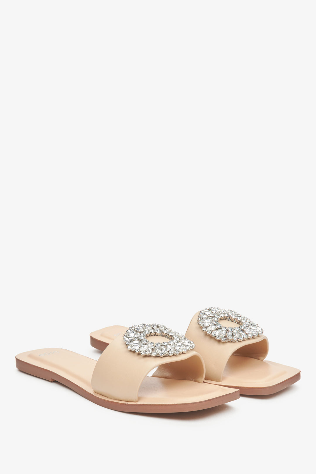 Women's Beige Flat Slide Sandals with Round Embellishment Estro ER00113560