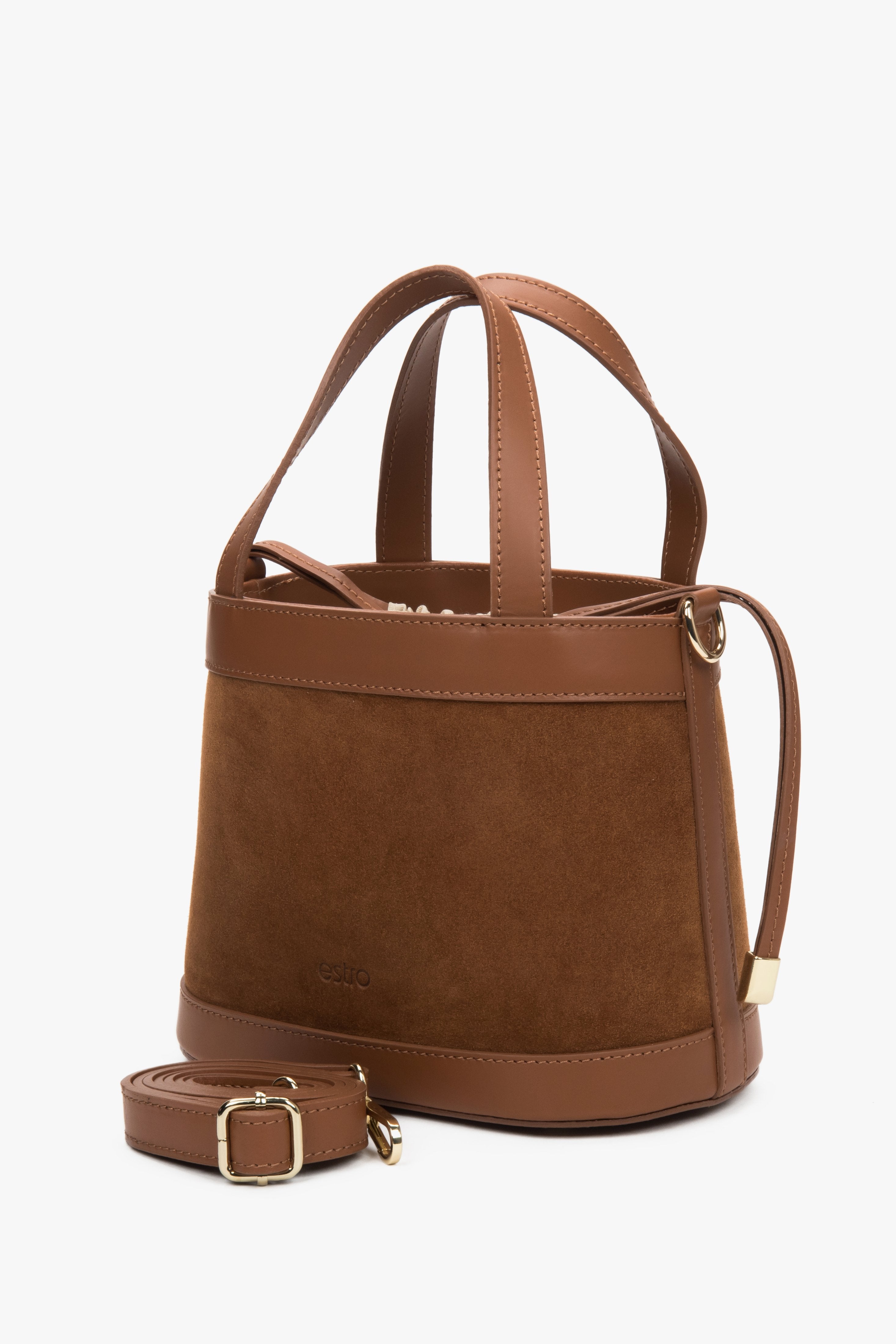 Women's handbag in the shape of a briefcase, made of brown velour and genuine leather.
