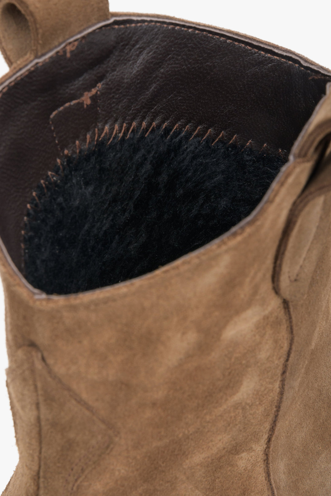 Women's brown velour cowboy boots by Estro - close-up on details.