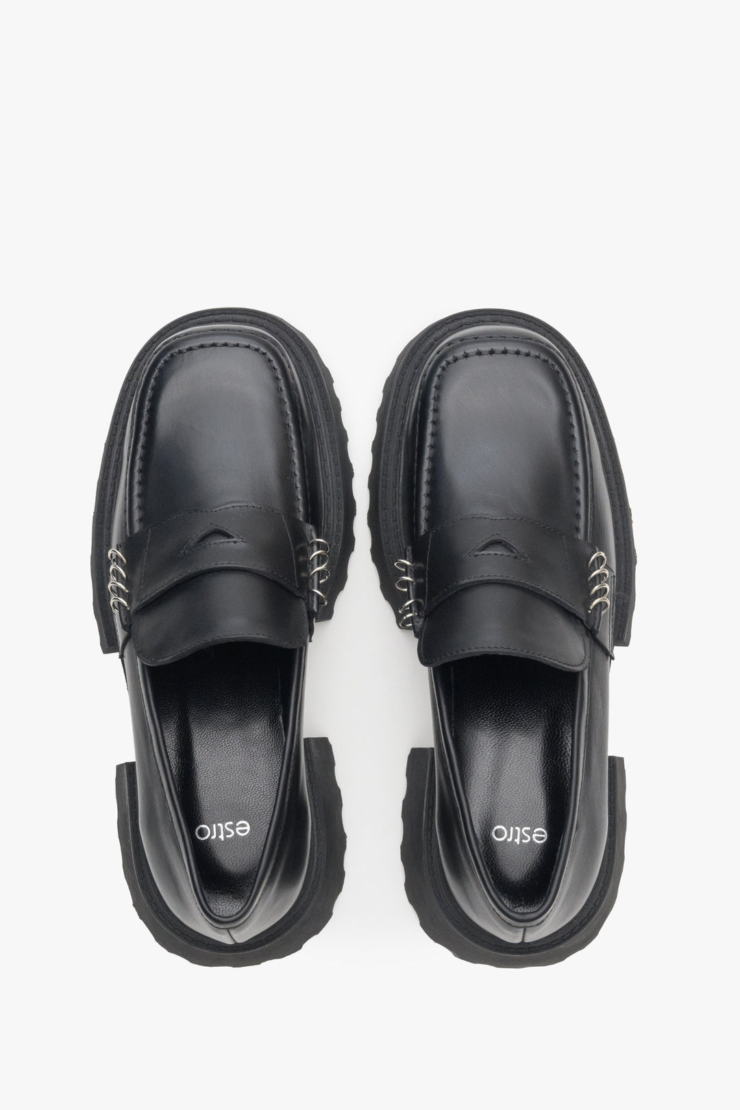 Women's black moccasins made of genuine leather by Estro - top view presentation of the model.