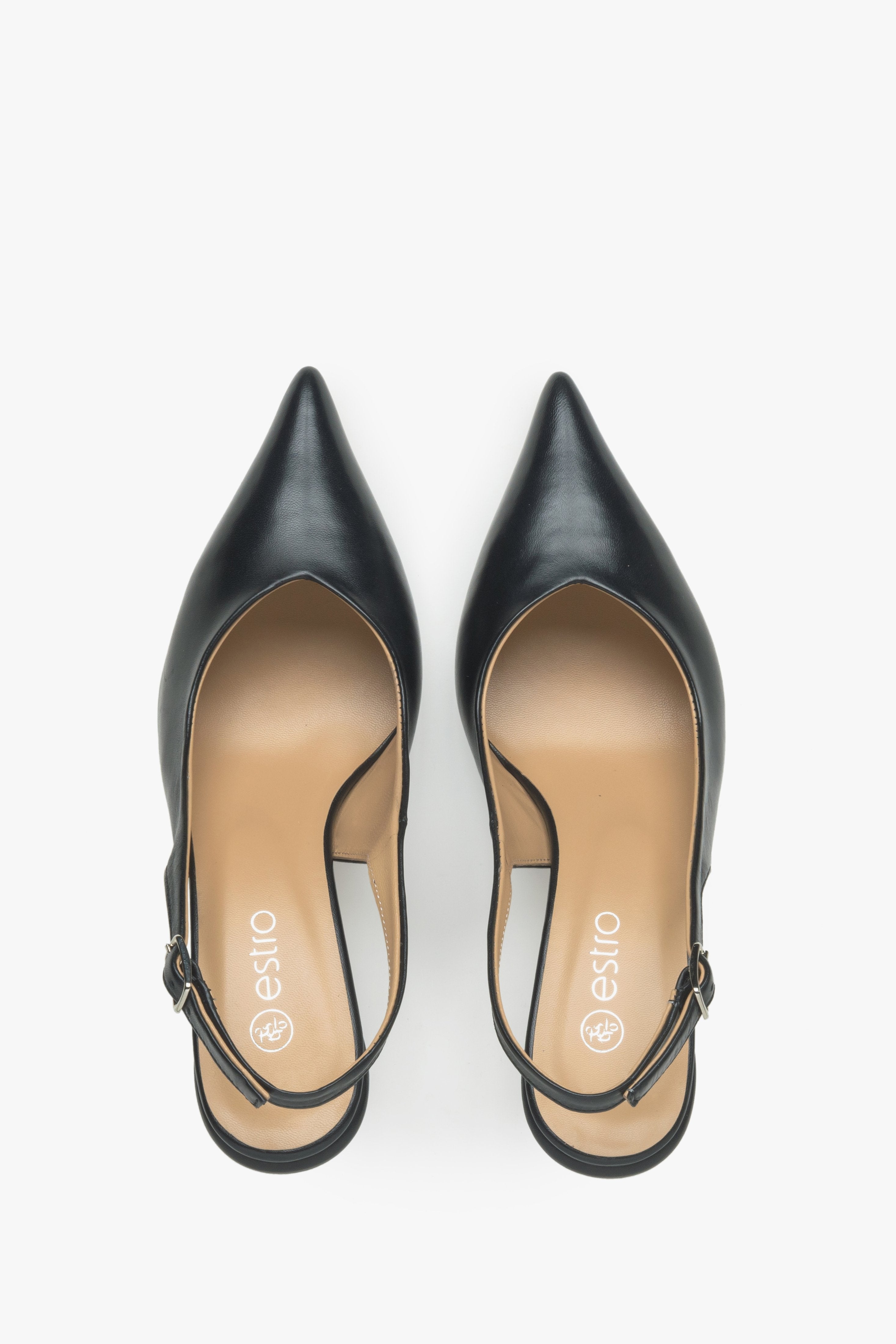 Women's black leather slingback pumps - top view presentation of the model.