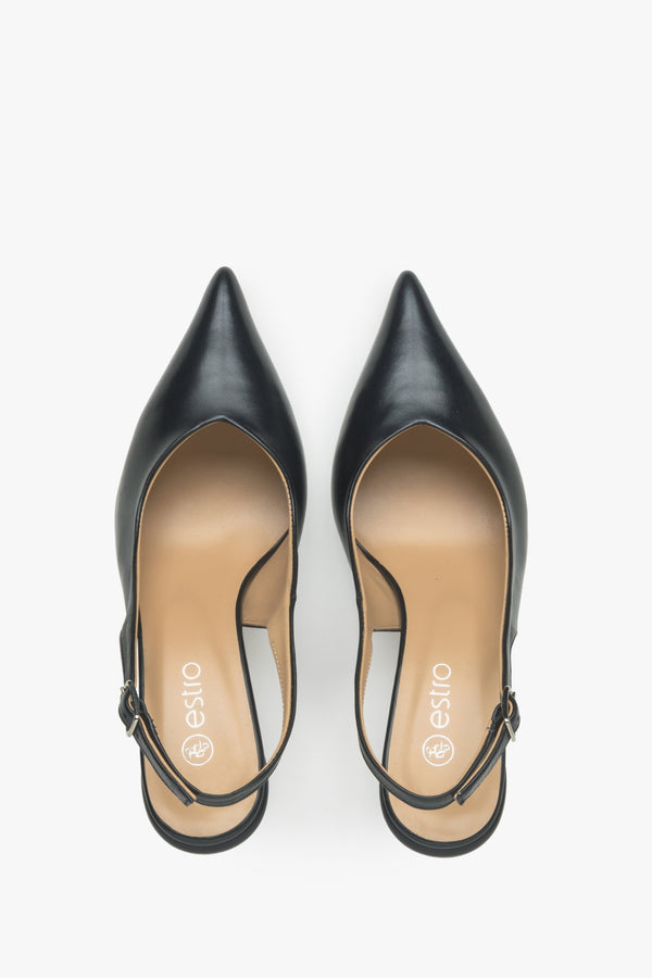 Women's black leather slingback pumps - top view presentation of the model.