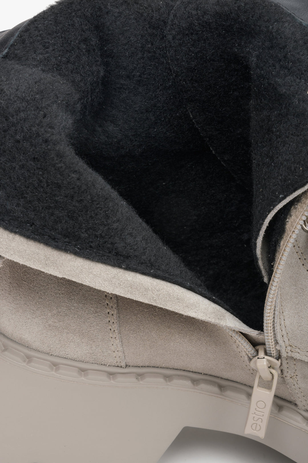 Grey velour women's work boots by Estro - close-up on the soft insole of the shoe.