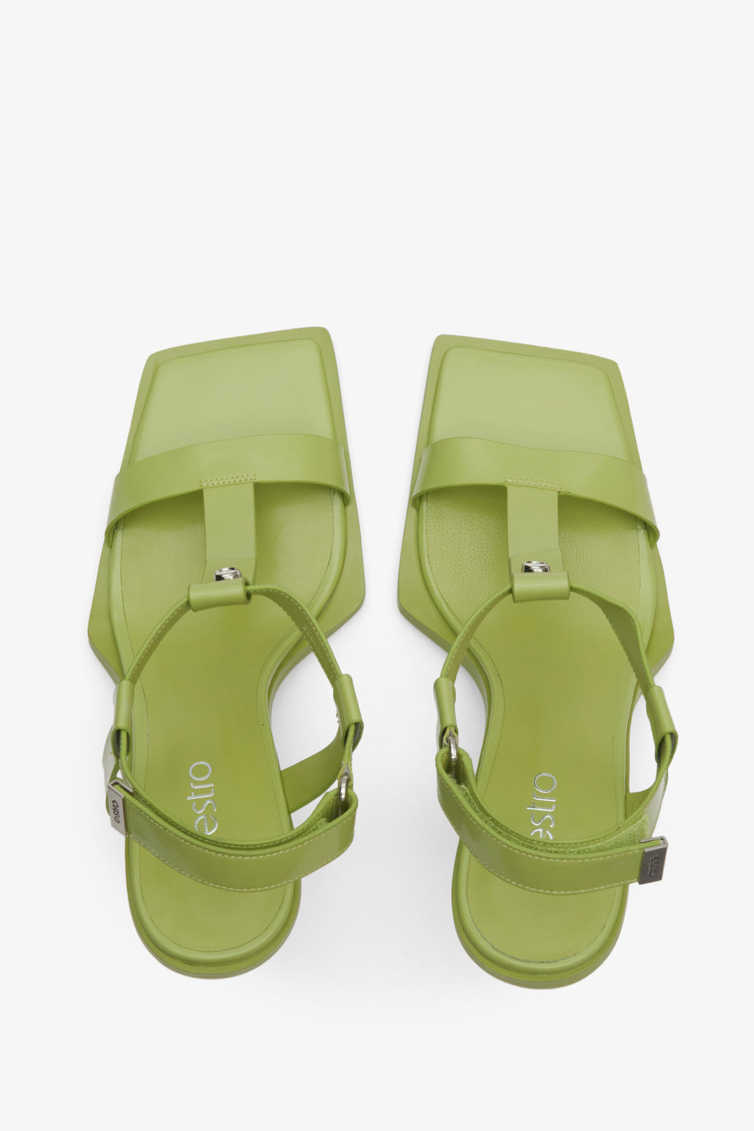 Stylish light green t-bar strappy sandals, Estro brand - presentation from above.