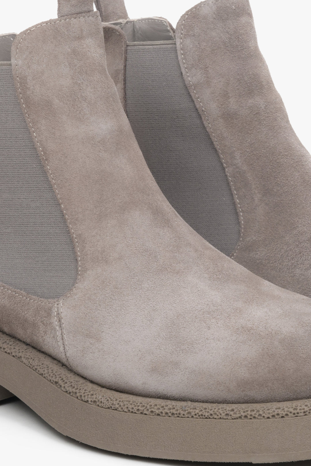 Grey suede women's Chelsea boots - a close-up on details.