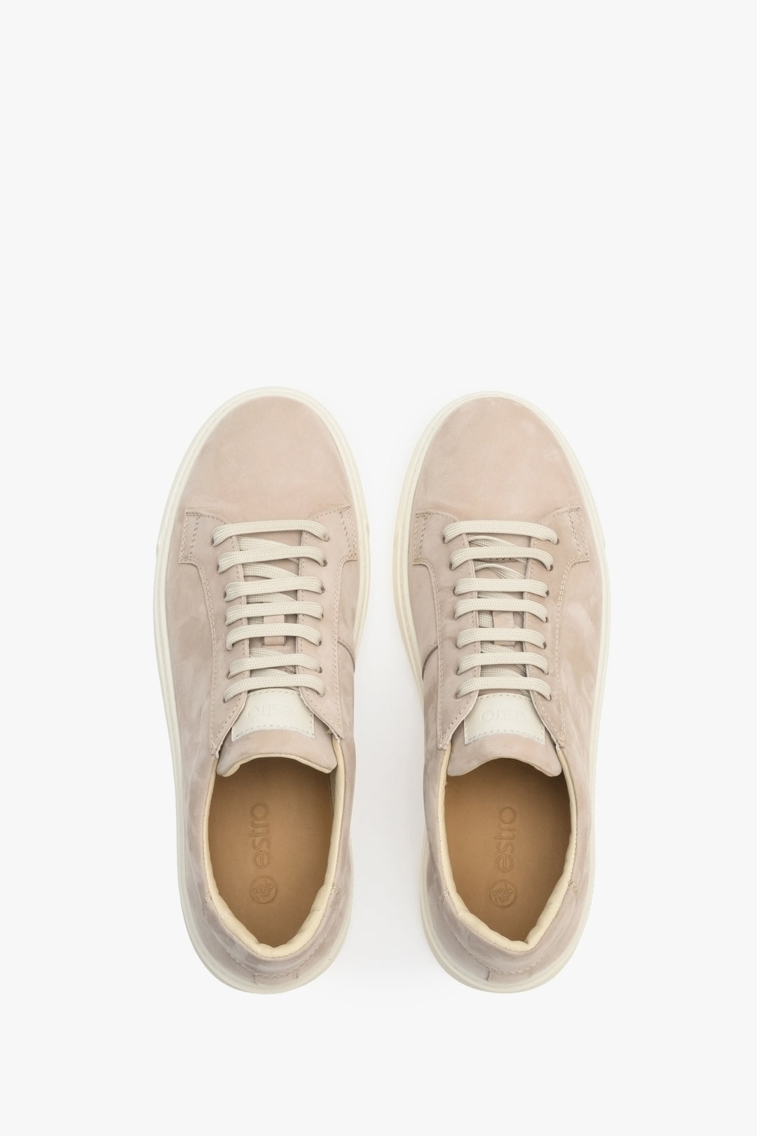 Men's Estro soft, natural nubuck sneakers in beige - shoe presentation from above.