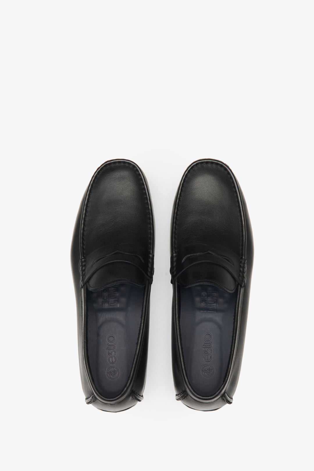 Men's black leather loafers - top view shoe presentation.