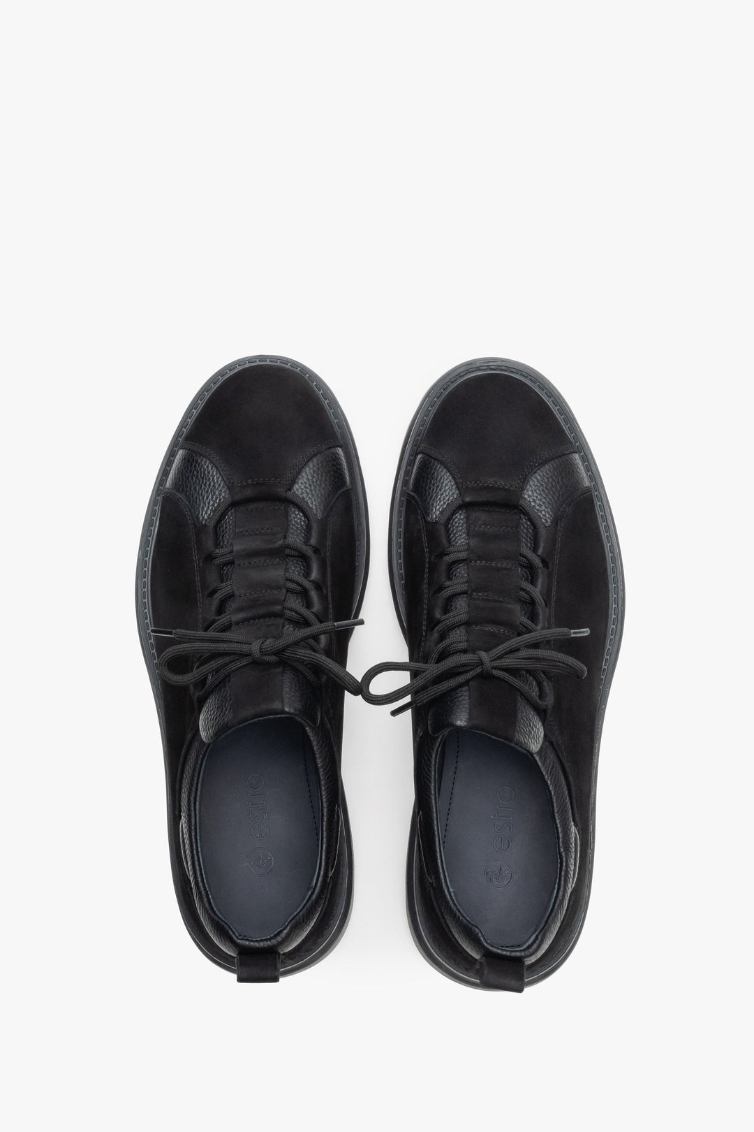 Men's black leather and nubuck sneakers with elastic lacing - top view presentation of the model.