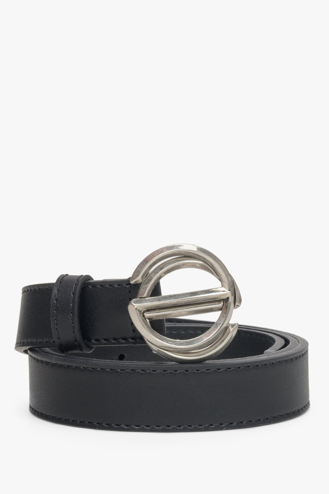 Black Women's Leather Belt with Silver Buckle Estro ER00113355.