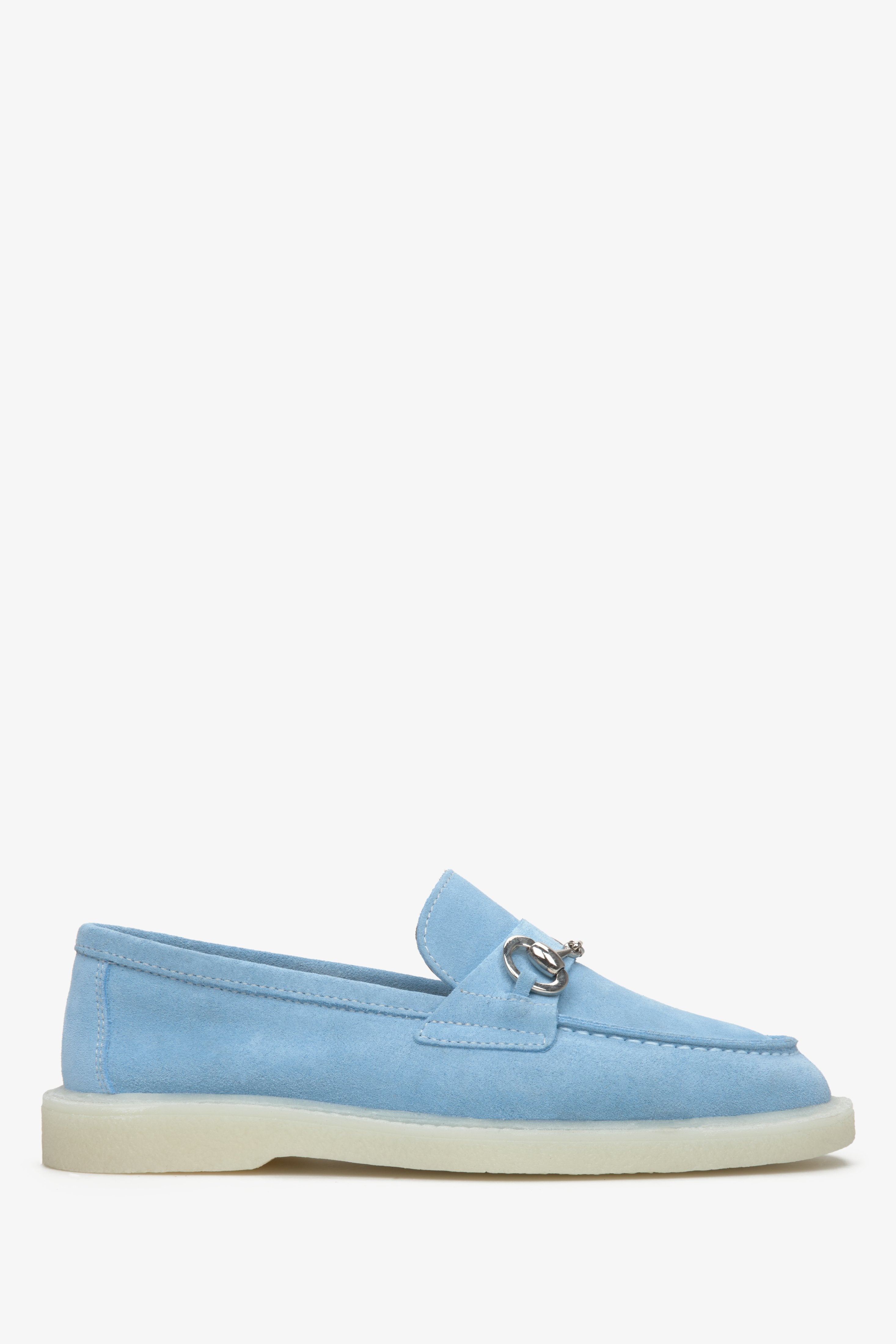 Elegant, light blue natural velour women's loafers by Estro - shoe side.