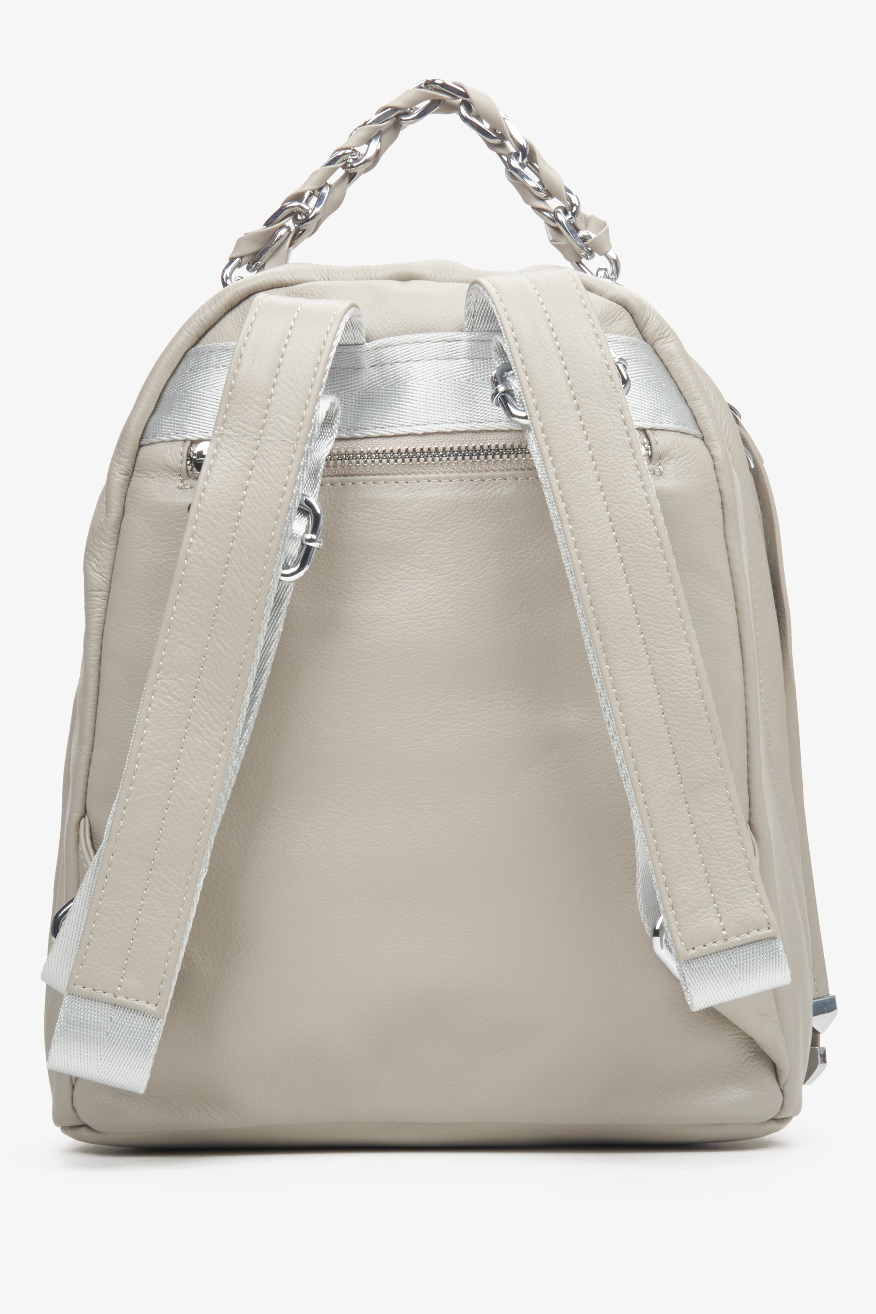 Women s Light Grey Leather Backpack with Silver Details ESTRO Online Store Estro.eu