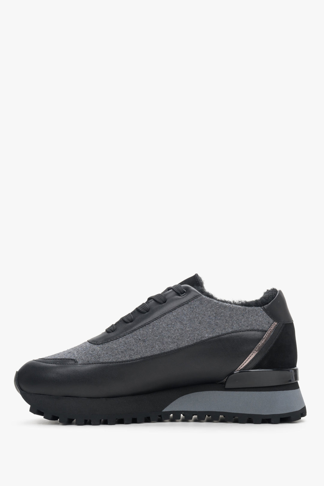 Women's black and grey winter sneakers made of mixed materials by Estro - side view of the shoe.