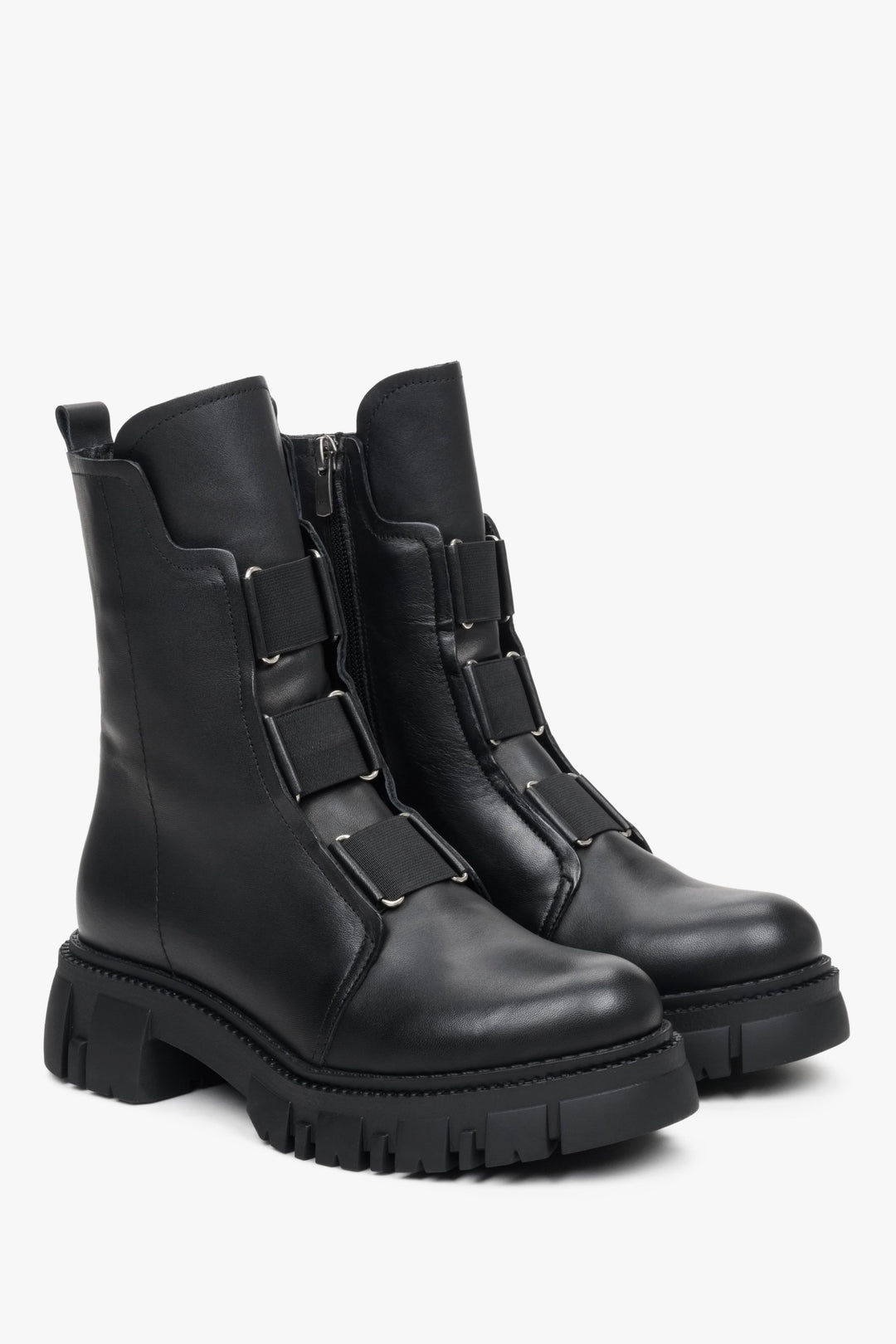 Elegant black women's natural leather ankle boots with an elastic insert for fall by Estro.