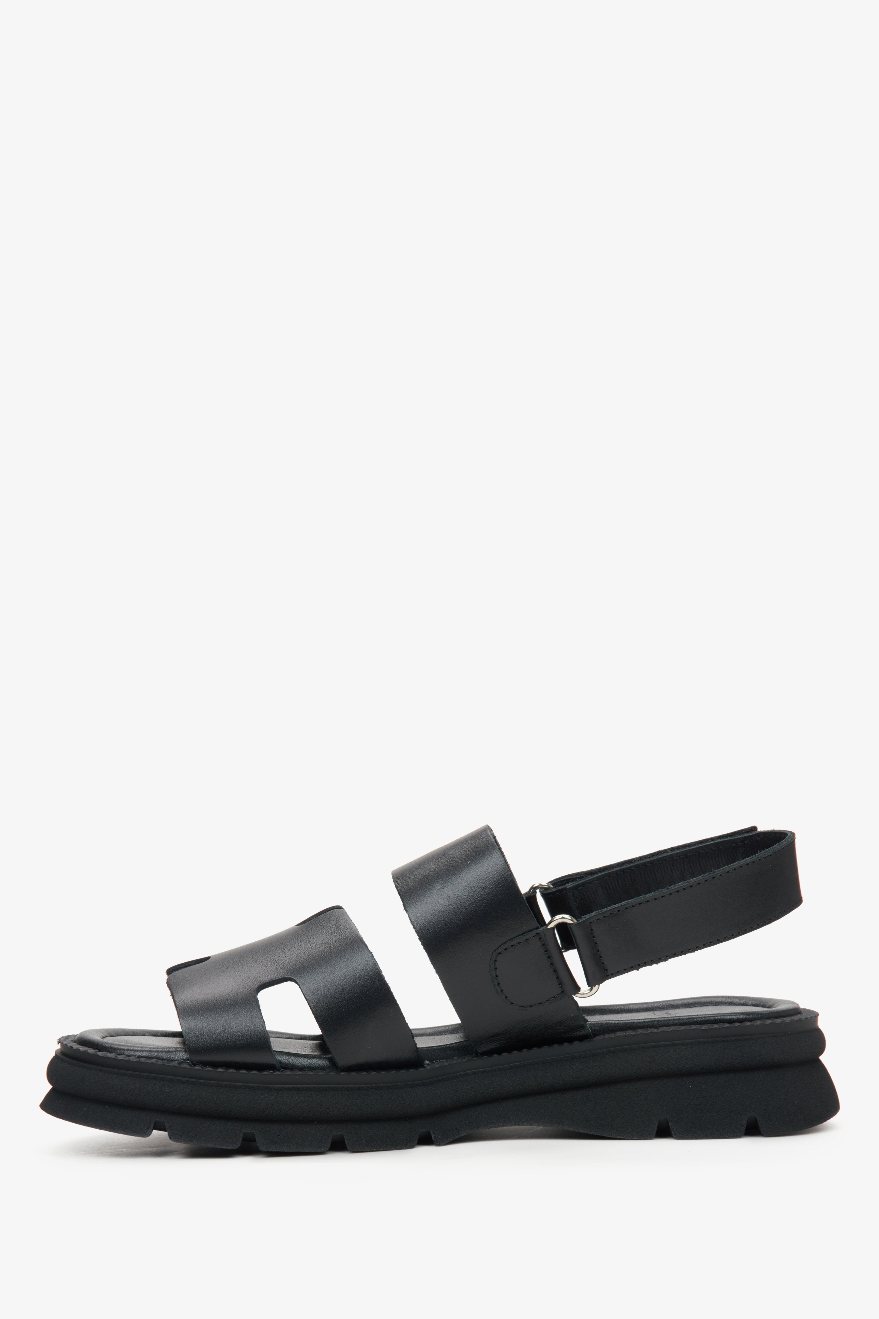 Women's black sandals made of genuine leather by Estro - shoe profile.