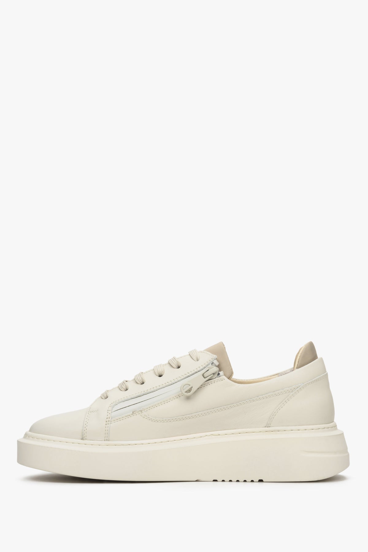 Women's beige leather  sneakers by Estro with a decorative zipper for spring - shoe profile.