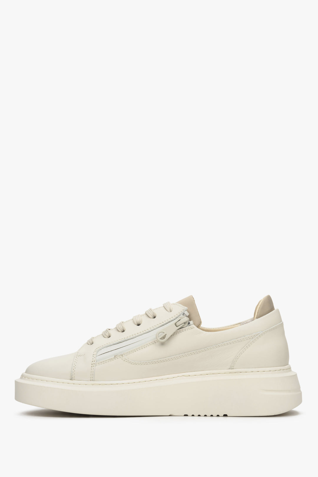 Women's beige leather  sneakers by Estro with a decorative zipper for spring - shoe profile.