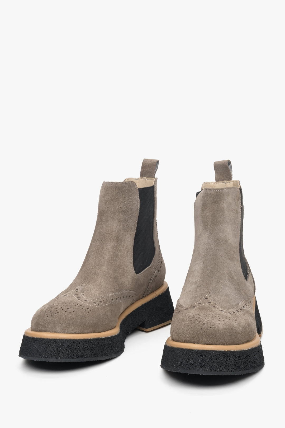 Women's grey and black ankle boots by Estro - close-up on the toe cap.