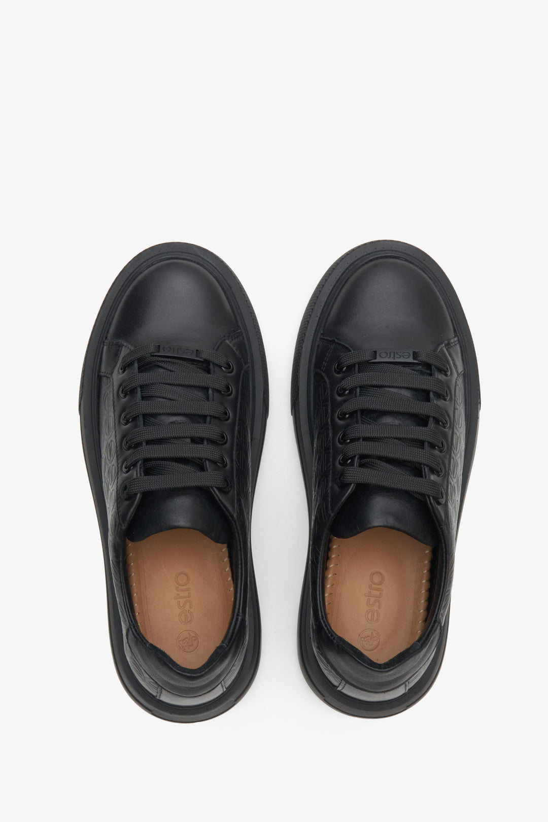 Women's black sneakers with a thick sole by Estro made of genuine leather - top view presentation of the model.