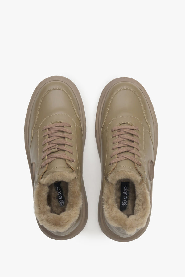 Women's sand beige leather winter sneakers, high-topped.