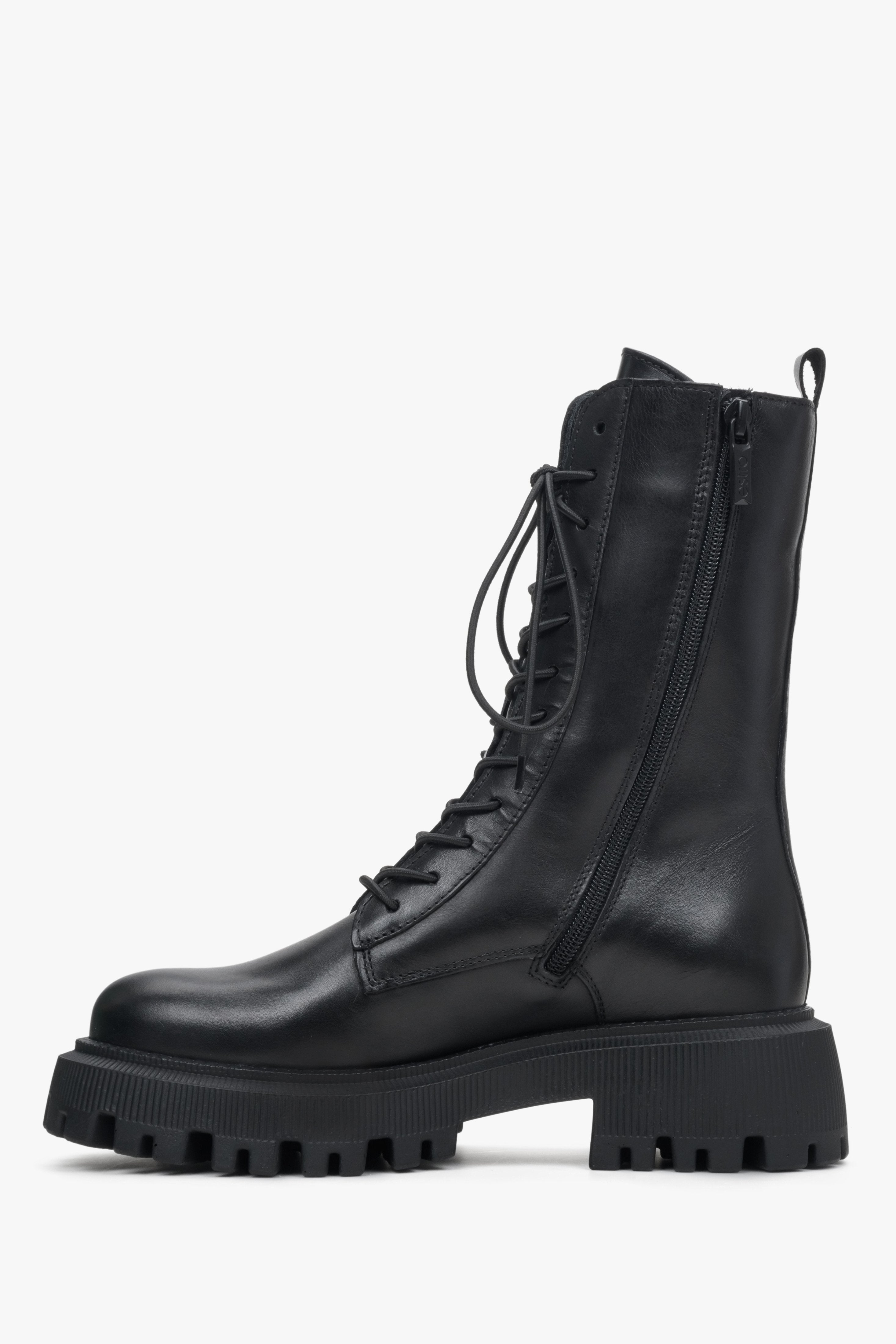 Women's black high leather combat boots by Estro - shoe profile.